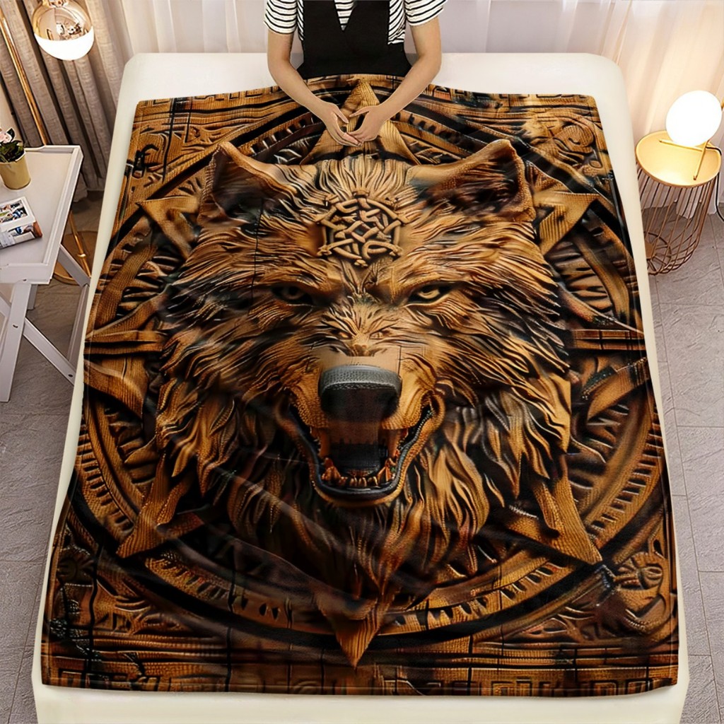 Wolf Tribal Pattern Wooden Carving Design 3D Print Fleece Blanket Soft Flannel Throw Men's Bedroom