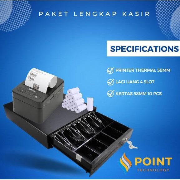 

PAKET ALAT KASIR PRINTER BLUETOOTH CASH DRAWER+PRINTER+KERTAS 10ROLL
