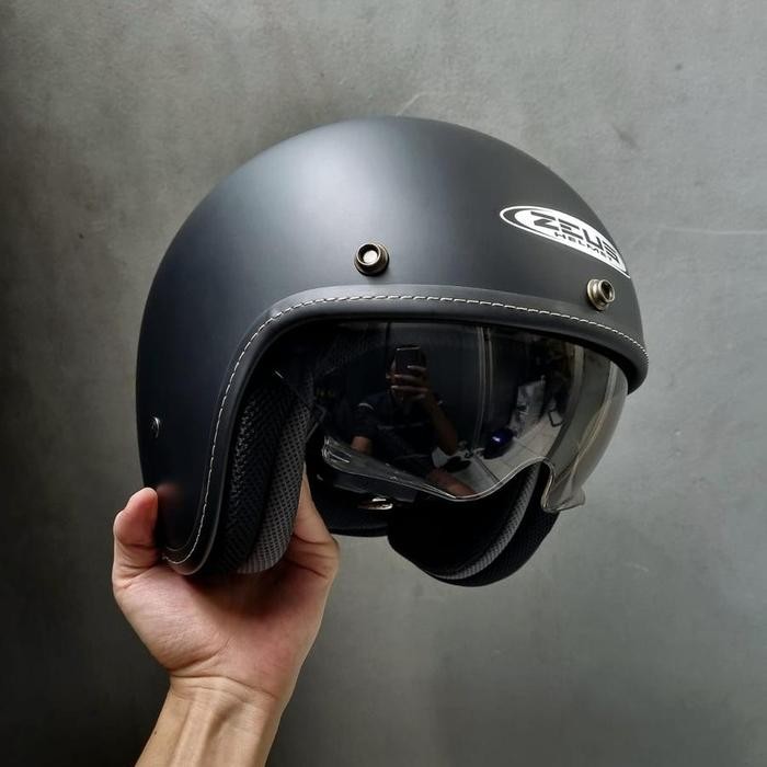 Terlaris Helm Zeus Zs388A Matt Black Classic Retro Double Visor Dan Pet