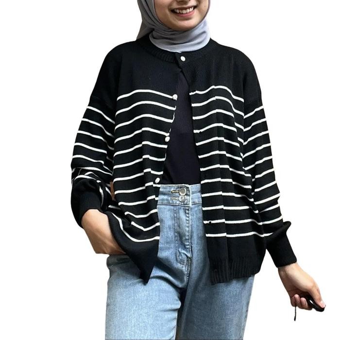 Pilihan- Magra Kardigan Rajut Eriska / Outer Rajut Wanita Stripe Hitam Putih Atasan Oversize