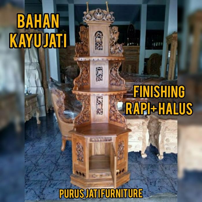 Rak Sudut Ruang Tamu Ukir Lemari Pojok Pajangan Kayu Jati Harga Murah