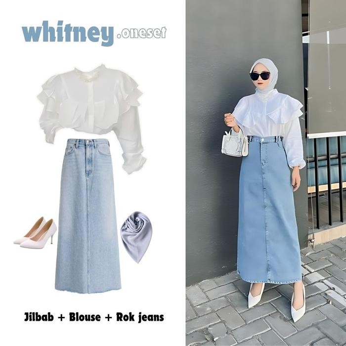 3in1 One set wanita baju atasan blouse putih lengan panjang rempel ruffle rok jeans panjang jilbab