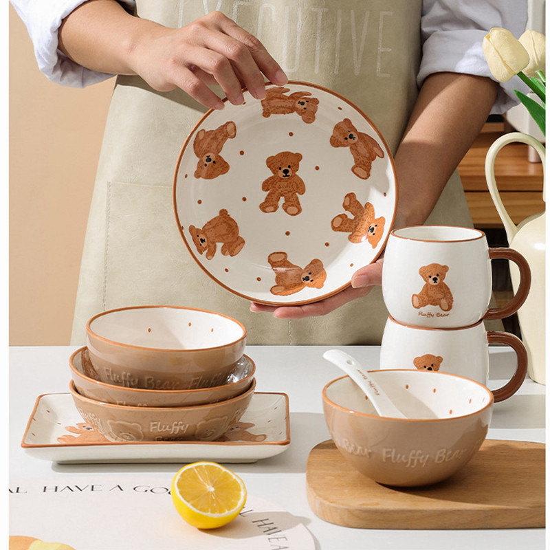 Lovely Bear Dinnerware Ceramic Dinner Plate Rice Soup Bowl Rectangle Sushi Plate Milk Mug Spoon Micr