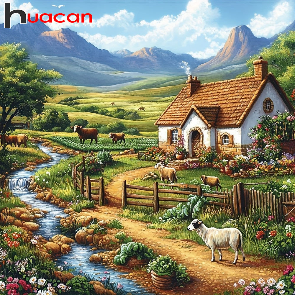 Huacan Full Round Drill Diamond Painting Rural Cottage Rr Mountain Diamond Embroidery Landscape