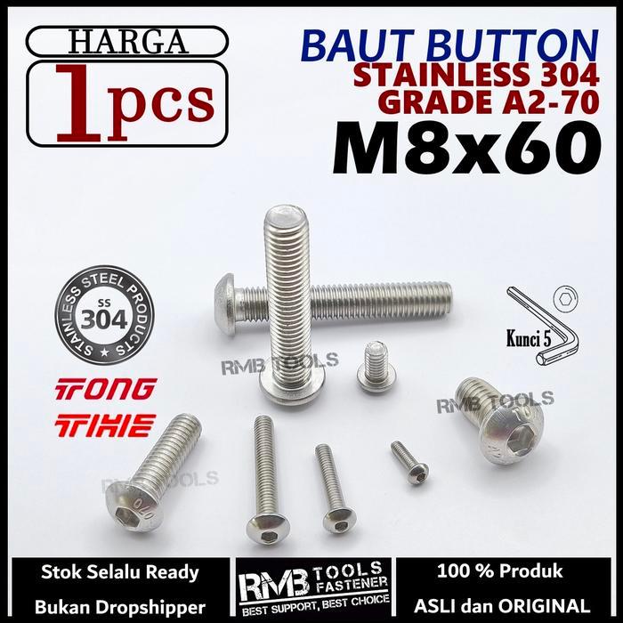 BAUT L BUTTON M8X60 STAINLESS STEEL 304 A2-70 TAHAN KARAT KUNCI L5 M8