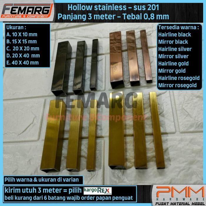 HOLLOW STAINLESS 20X20mm FEMARG SUS 201 MIRROR GOLD ROSE GOLD BLACK