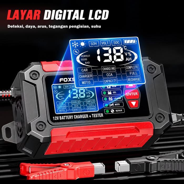 Foxsur 2In1 Smart Car Accu Charger 6A 4Ah-200Ah Untuk Charger Dan Tester Accu Mobil Dan Motor Lead
