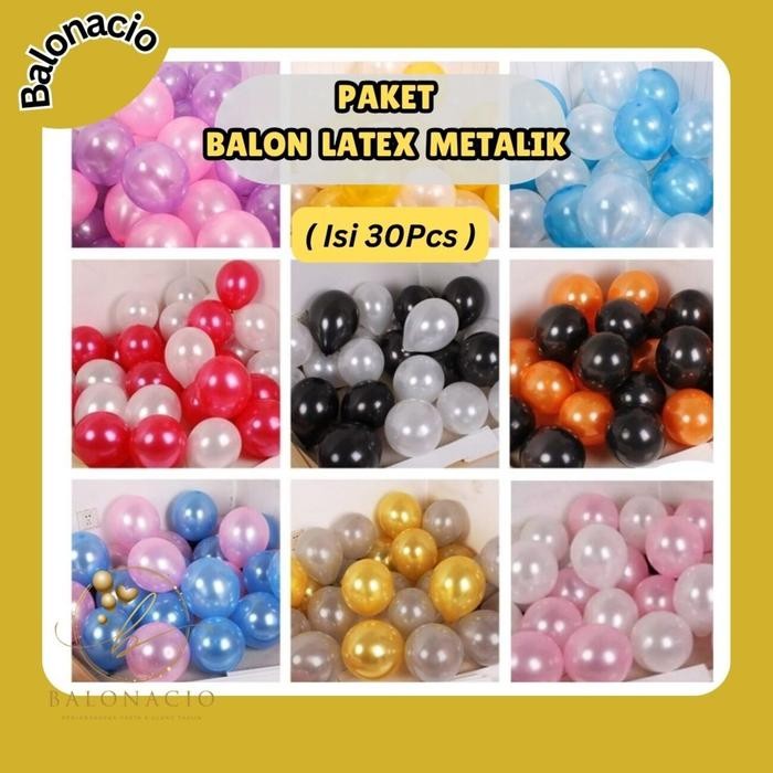 BALON METALIK / PAKET BALON ISI 30 / BALON LATEX Biru Hijau Pink Putih Gold Kuning Merah