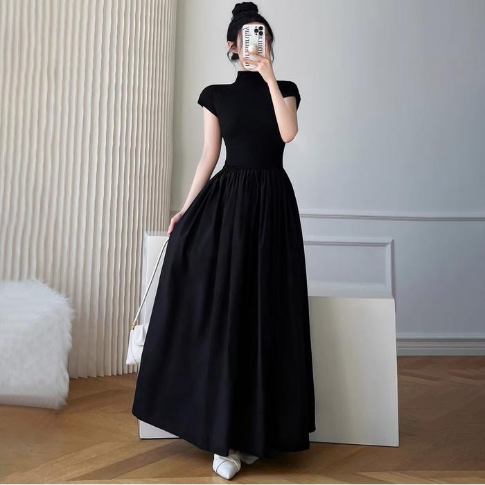 Pilihan- Cod Dress Korean Style Hitam Jumbo Panjang Dress Hitam Midi Lengan Pendek Dewasa Dress
