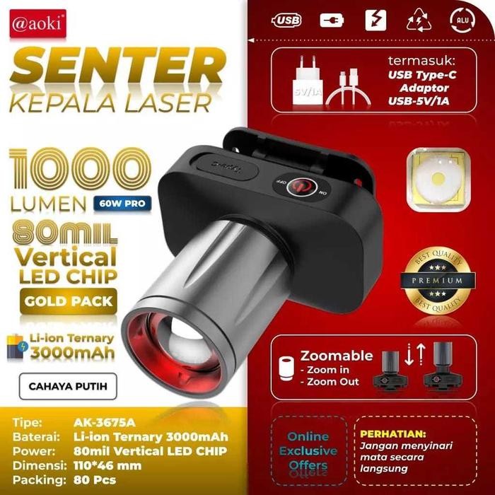 Ready SENTER KEPALA ZOOM AOKI AK-3675A 60W PRO 1000 LUMEN - TAHAN LAMA - ZOOM JARAK JAUH