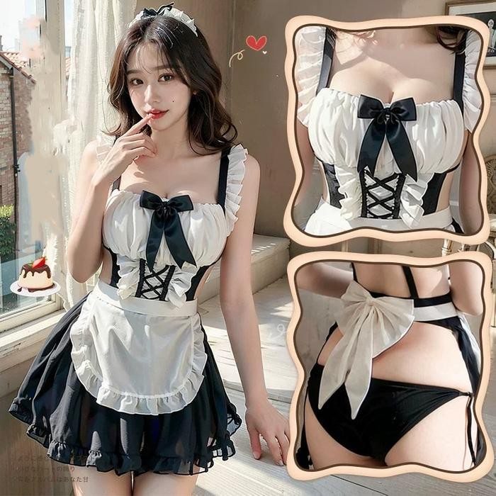 SEXY MYLADY Ukuran Besar lingerie maid cosplay 4-Piece Set Pakaian Pembantu Cos Hitam Dan Putih