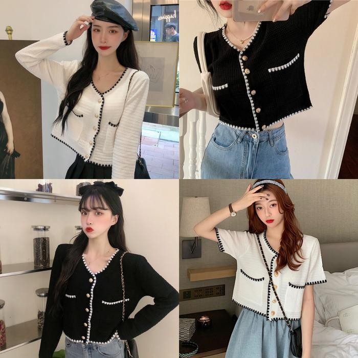 ONEFASHIONMALL SL007 Atasan Crop Top Kardigan Rajut Wanita Lengan Pendek Panjang Ada Kancing Outer