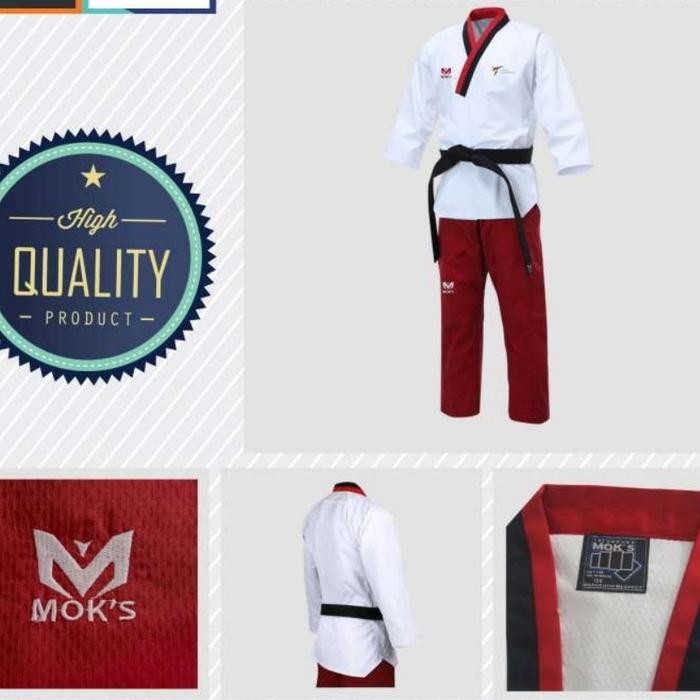 Terlaris poomsae dobok taekwondo moks kerah poom merah hitam cewek SALE