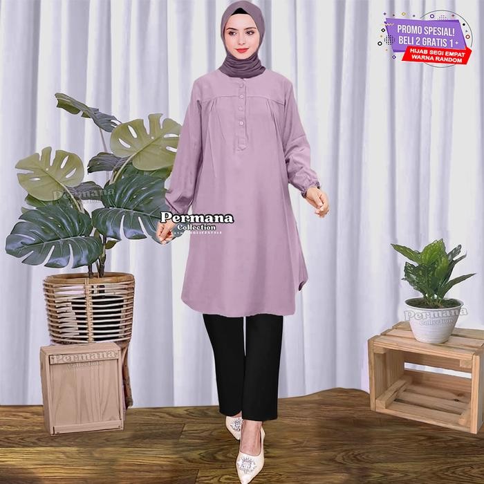 l9n1- Atasan Wanita Lengan Panjang Baju Kemeja Muslim Tunik Warna Merah Dewasa Rayon Kantong