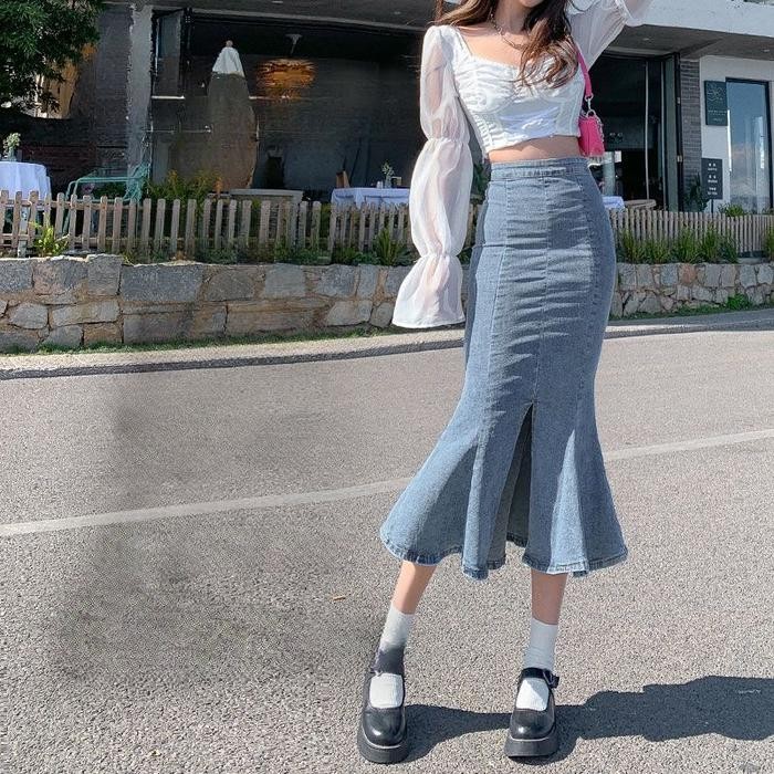 9qli- Rok Jeans Panjang Wanita Rok Sobek Fashion Rok Korean Style Wanita Rok Belah Samping