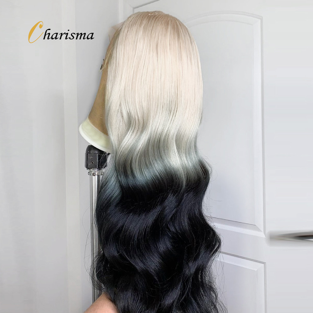 Charism Synthetic Lace Front Wig 60 Platinum Blonde To Black Ombre Wig Pre Plucked Natural Hairline