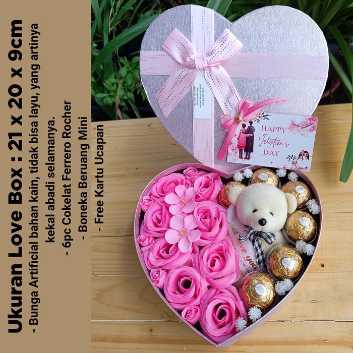 Love box buket bunga coklat Ferrero rocher - Bear Pink 6 Ckt
