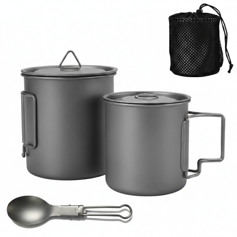 Titanium Camping Cookware Set with Folding Mug (420ml/750ml) and 750ml Pot, Lightweight Portable