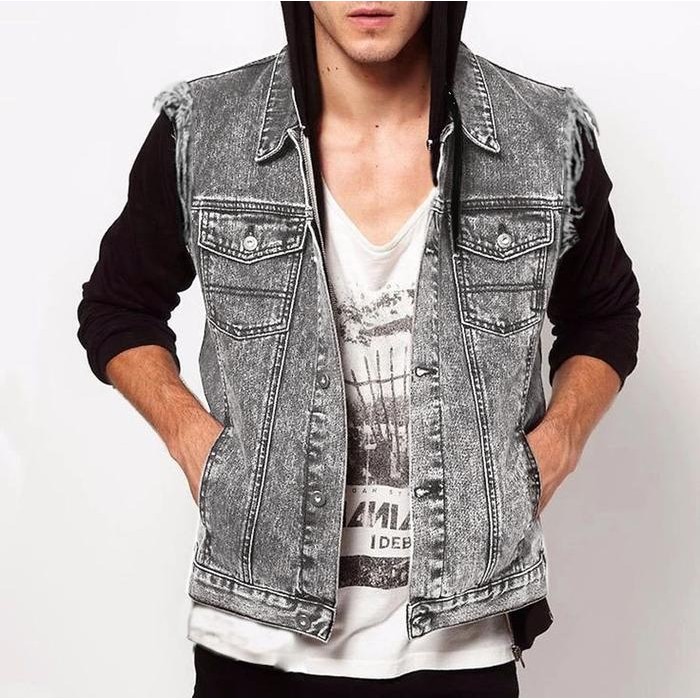 Pilihan- Jaket Jeans Hodie Abu Pria Wanita Distro Casual Hitam Denim Panjang Cowok Blazer