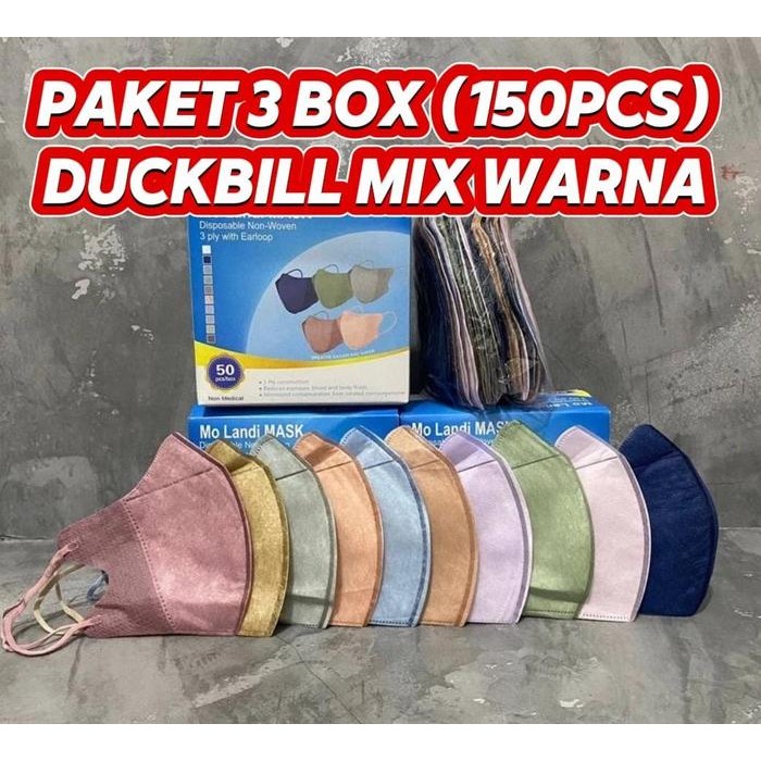 KJB PAKET 3 BOX (150pcs) masker DUCKBILL MIX WARNA / PAKET USAHA DUCKBILL WARNAKaret masker sekali