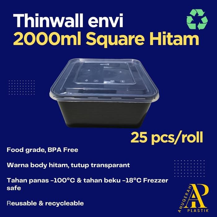 THINWALL HITAM 2000 ML SQUARE + TUTUP MEREK ENVI PREMIUM HARGA 200 PCS