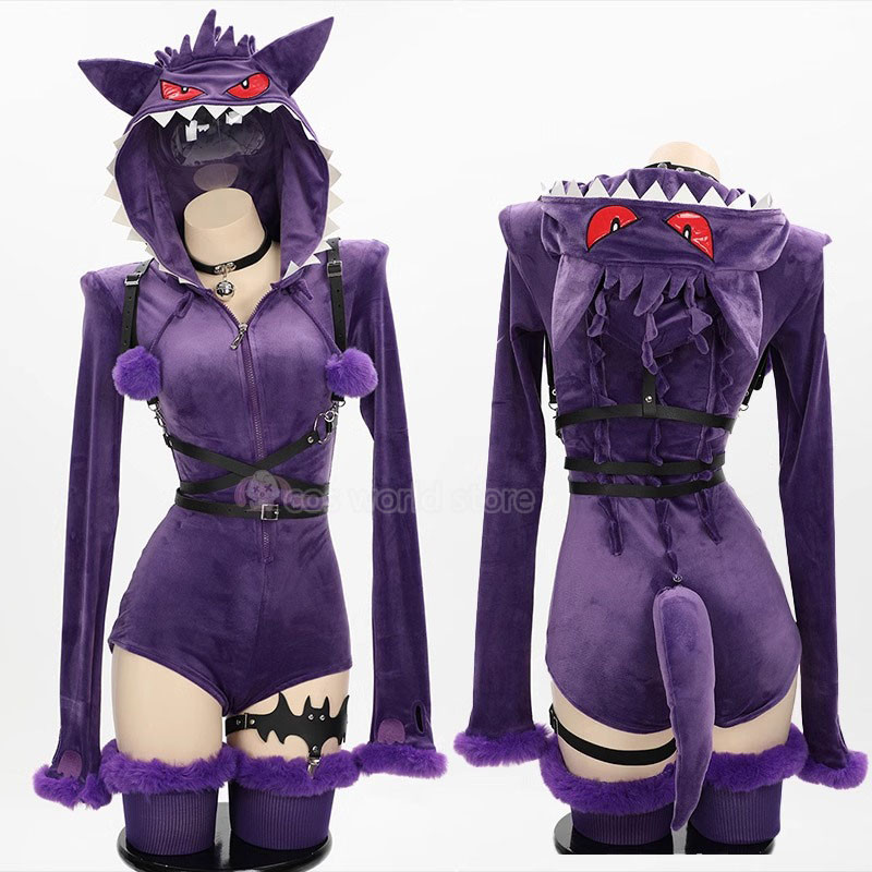 Anime Gengar Cosplay Costume Women Sexy Hooded Bodysuit Tail Socks Suit Bunny Girl Cartoon Plush