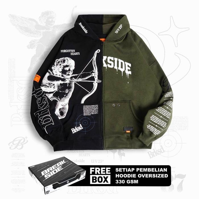 [Free Box] Breakside Zipper Hoodie Oversized Forgotten Hearts - Black & Green Sweater Pria Terlaris