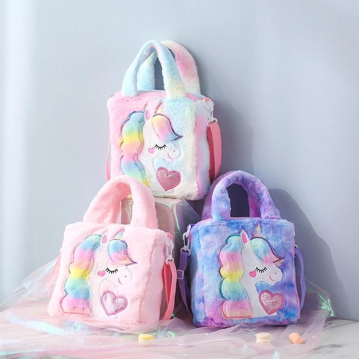 

TAS SELEMPANG SEKOLAH JINJING UNICORN RAINBOW LUCU BULU KIDS SLING BAG