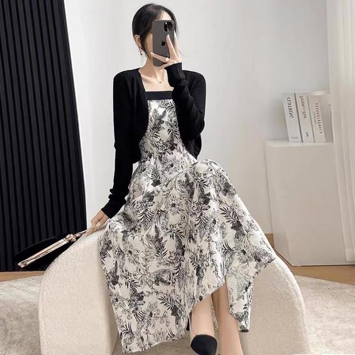 Maxi Dress Floral Motif + Outer Cardigan Hitam Dress pesta Setelan dress cardigan long dress dress