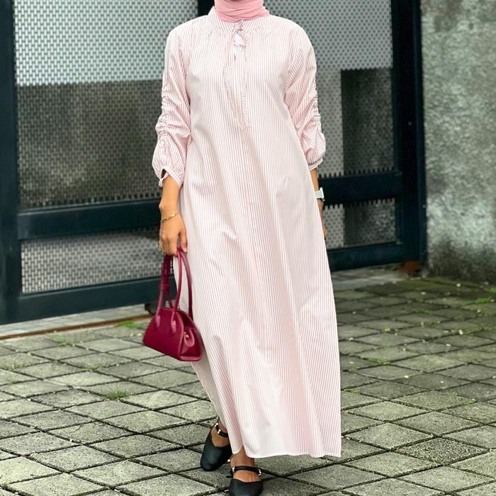 KirimCpT- Fukutani Lyla Stripe Dress By Fukutani Dress Stripe Muslim Panjang Kerah Muslim