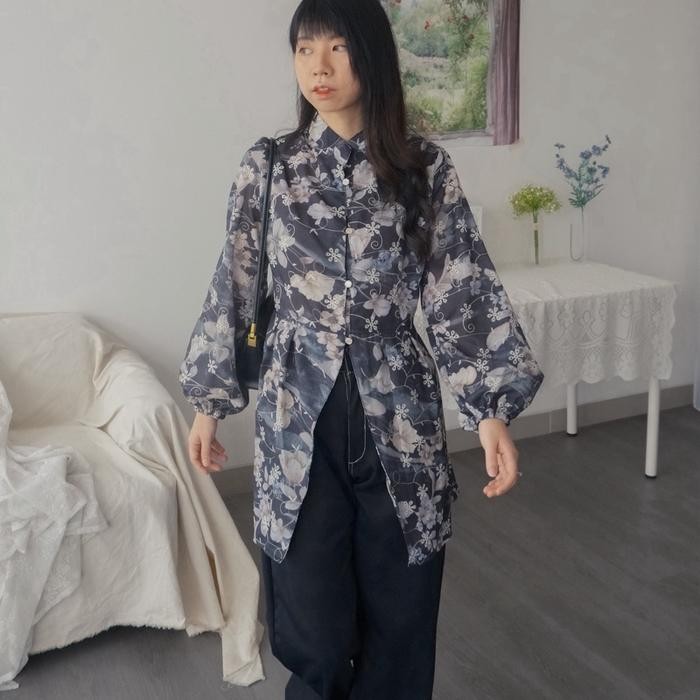 l9n1- Kanon - Lara Kebaya Tunik Blouse - Tunik Kebaya Modern Motif Bordir Bunga