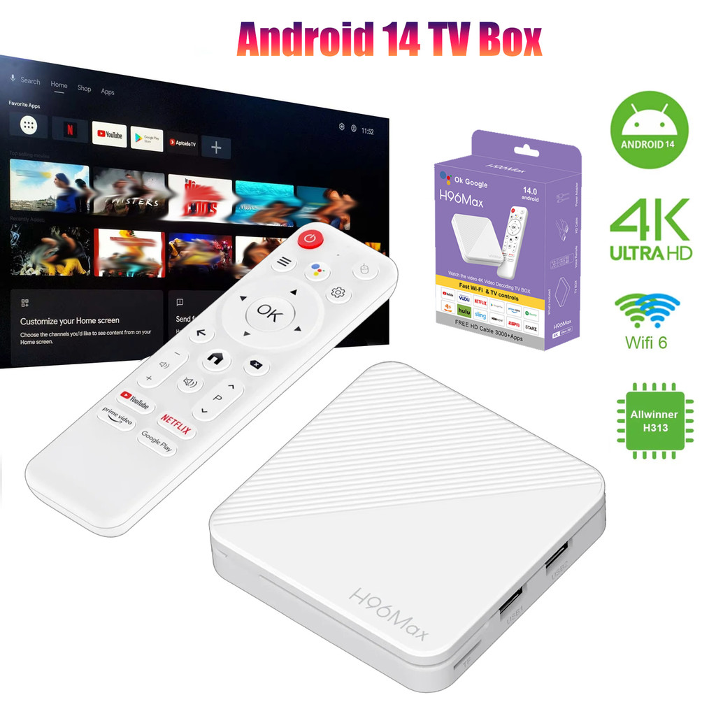 Smart Tv Box Android 14 Tv Box Allwinner H313 4K Set Top Box 100M Lan Wifi6 Bt5.0 Voice Assistant