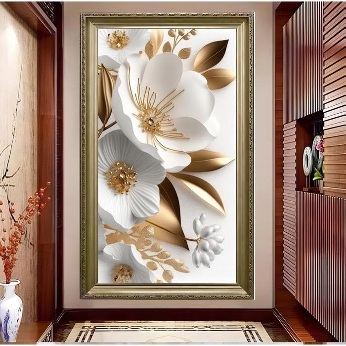 Wallpaper Dinding Bunga Mawar Putih 3D , Stiker Bunga Mawar Putih 3D Dinding Ruang Tamu Terlaris