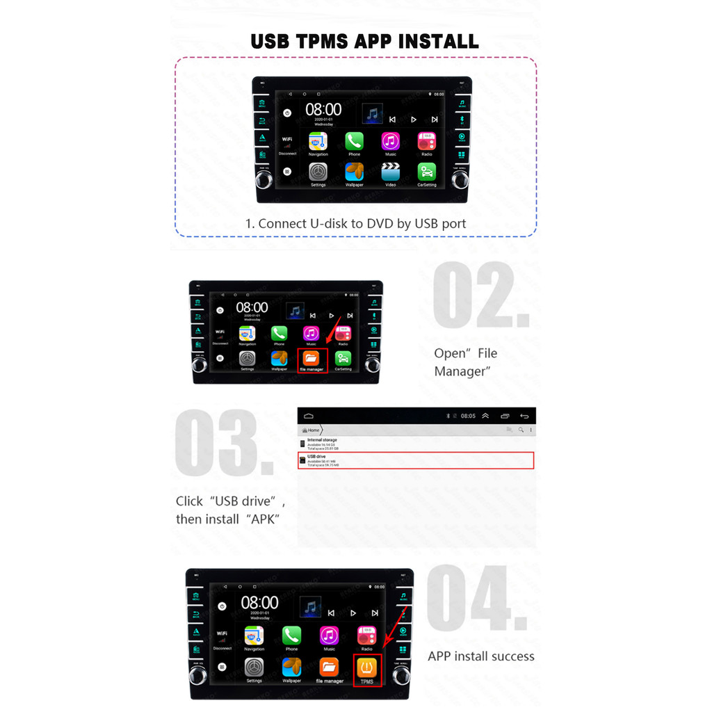 Android Navigation TPMS With Sensors Alarm System USB Android Car TPMS Wireless Transmission Tire