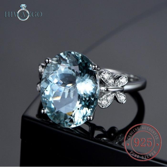 HIWANGO Cincin Kupu-Kupu Topaz Biru Laut Fashion Perhiasan Wanita Perak 925 Zircon AAAAA - Biru Laut