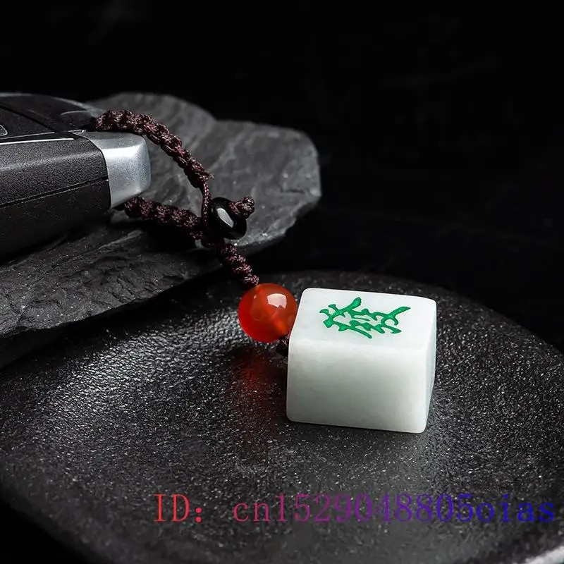 Burmese Jade Mahjong Keychain Strap Emerald Jadeite White Fashion Phone Charm Gift Jewelry Natural