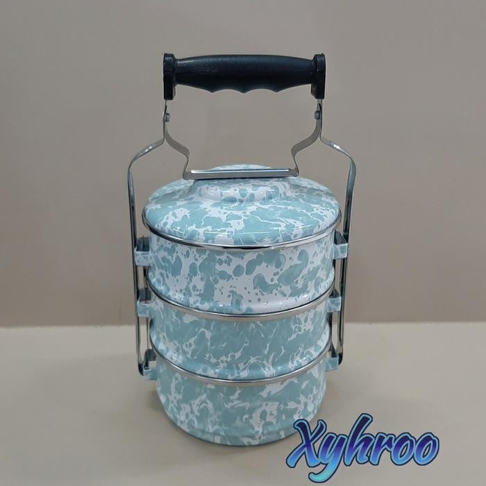 Rantang Enamel Susun 3 Ukuran 14Cm Hijau Biru Tosca Loreng Blirik Kitchenware