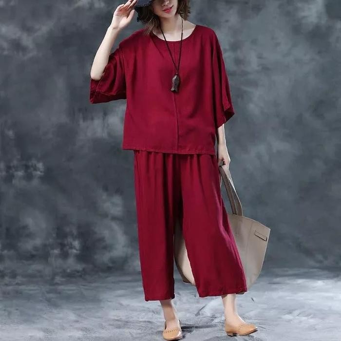 CILILY - Nindy One Set Setelan Wanita Polo Linen Jumbo Atasan Baju Batwing Celana Panjang