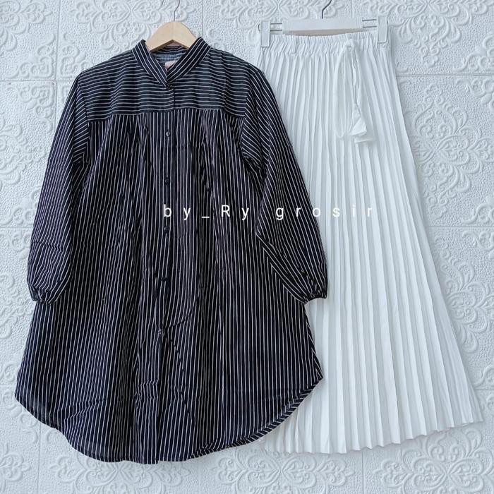 Setelan Wanita Dewasa Tunik Katun Motif Salur + Rok Plisket Polos Panjang