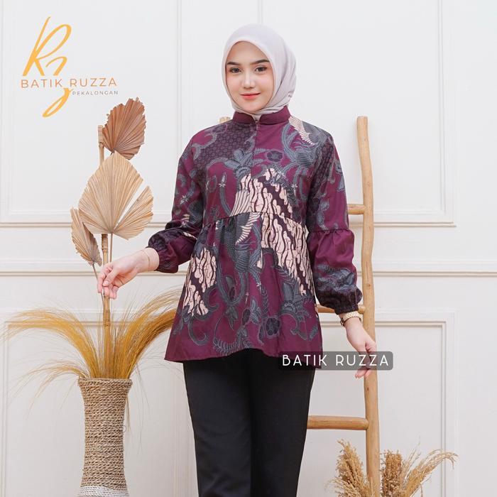 Ruzza Batik Wanita Blouse Atasan Resleting Depan Lengan Panjang Balon S M L Xl Xxl Xxxl Jumbo Baju