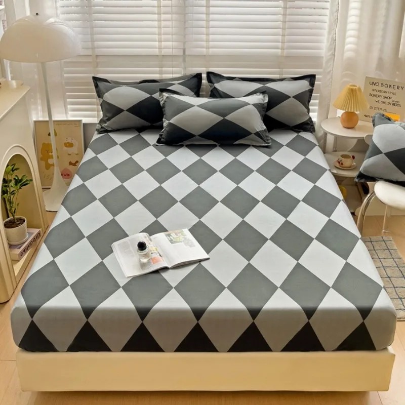 1PC Washed Cotton Fitted Sheet Non Slip Fitted Sheet Elastic Band Around Mattress Cover Bed Cover