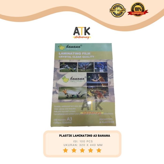 

READY PLASTIK LAMINATING A3 BANANA *MEREK: BANANA *UKURAN: A3 *ISI: 100 LEMBAR KETERANGAN *PLASTIK