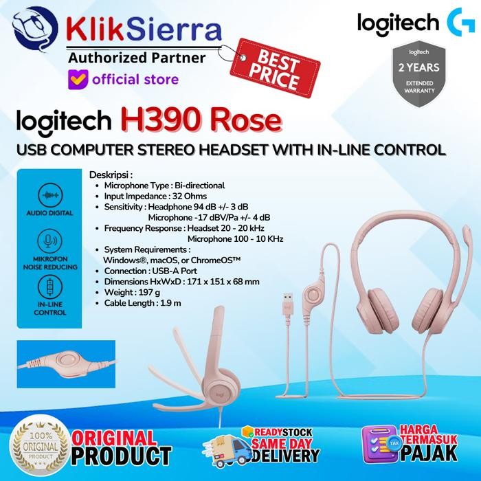 

HEADSET LOGITECH H390 ROSE, BLACK, OFF-WHITE USB COMPUTER HEADSET STEREO - USB HEADPHONE MIKROFON
