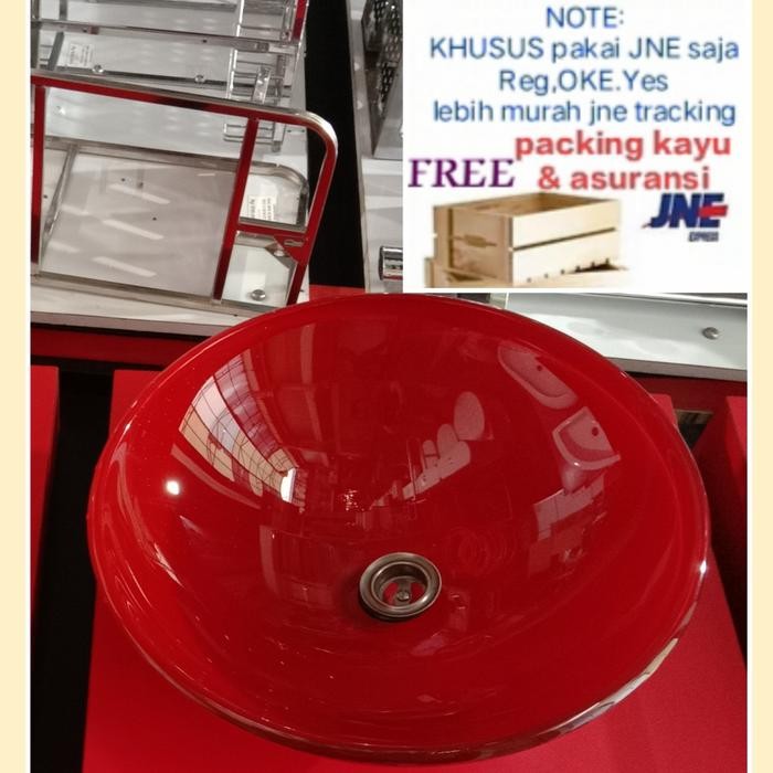 SALE wastafel kaca tempered glass merah bulat
