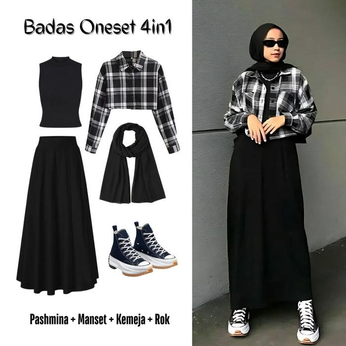 TERMURAH  One set setelan 4in1 baju atasan kemeja kotak crop manset hitam rok a payung hitam