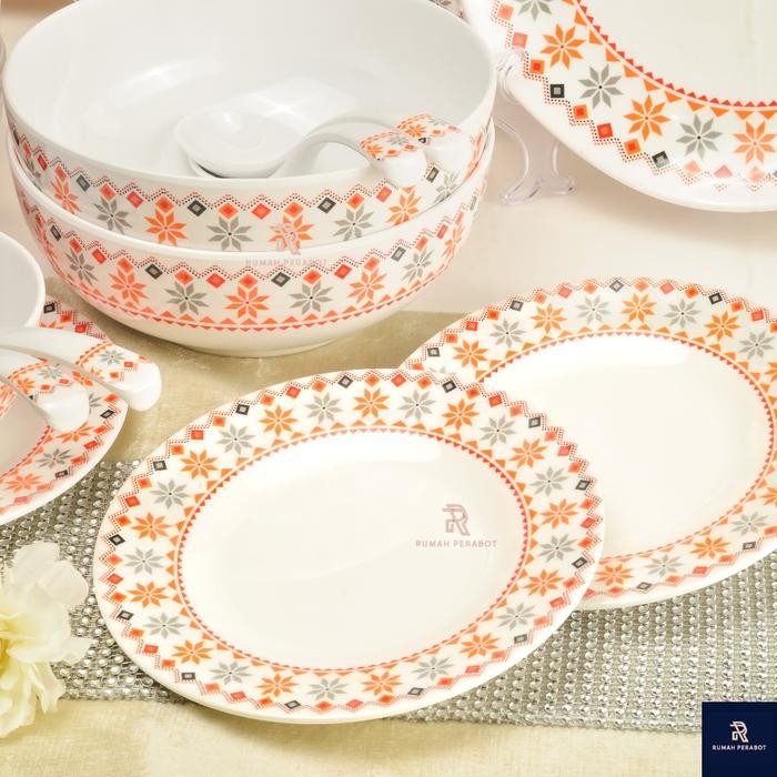 Set Piring Mangkok Melamin 100% Asli Motif Bohemian Merah /Piring Mewah
