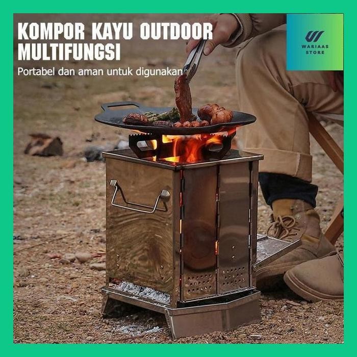 Wari" Kompor Camping Portable Kompor Kayu Lipat Outdoor Mini Stainless Steel Panggangan Bbq Camping