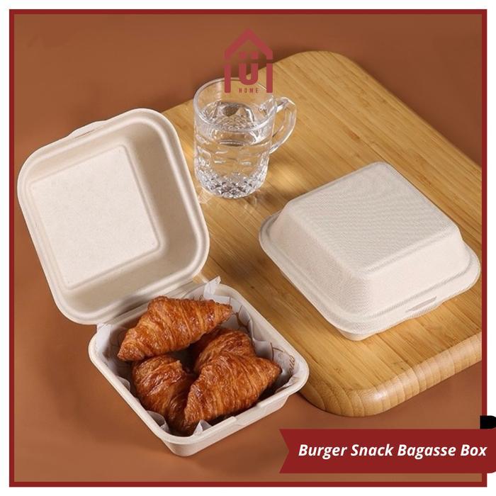 Uniso - [50 Pcs] Bagasse Burger Box Mini Cake Box Korean Bento Box Kotak Burger Kecil Serat Tebu