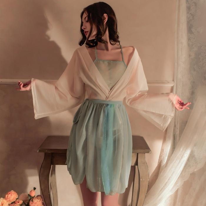 Kostum Tradisional Hanfu Wanita Lengan Lebar Warna Hijau