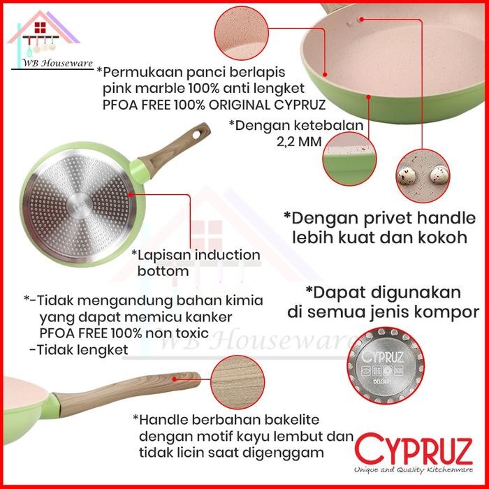 Cypruz Fry Pan Color Series Pink Marble 18/20/22/24/26/28Cm Wajan Penggorengan Support Kompor